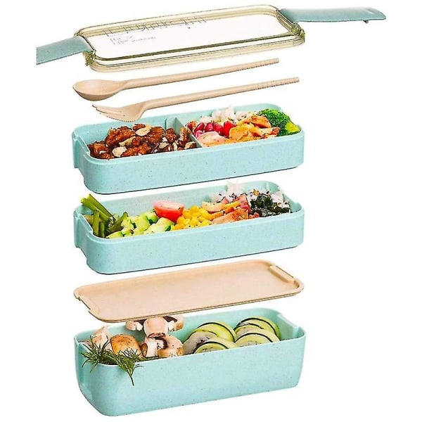 Japansk lunsjboks Bento-boks, 3-i-1-rom, hvetestrå, -vennlig Bento-lunsjboks måltidsforberedelse Beige