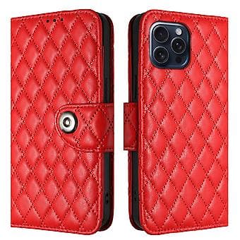 For iPhone 13 Pro Rhombus Pattern Flip Leather Phone Case with Lanyard Red