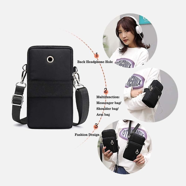 Crossbody mobil lommebok Nylon skulderveske Walking Wallet Armbånd Sportsarmbånd (svart)