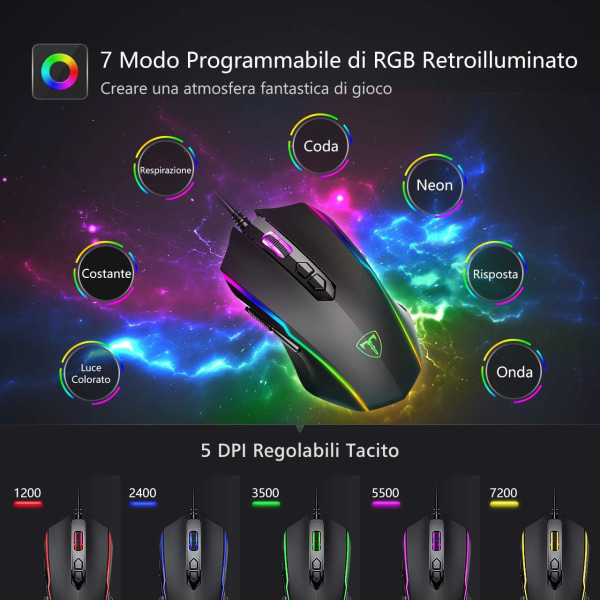 USB High Performance Wired Gaming Mouse, Gaming Mouse med 7200 Justerbar DPI, RGB, 8 Programmerbare Knapper, Ergonomi, PC/Mac - Sort