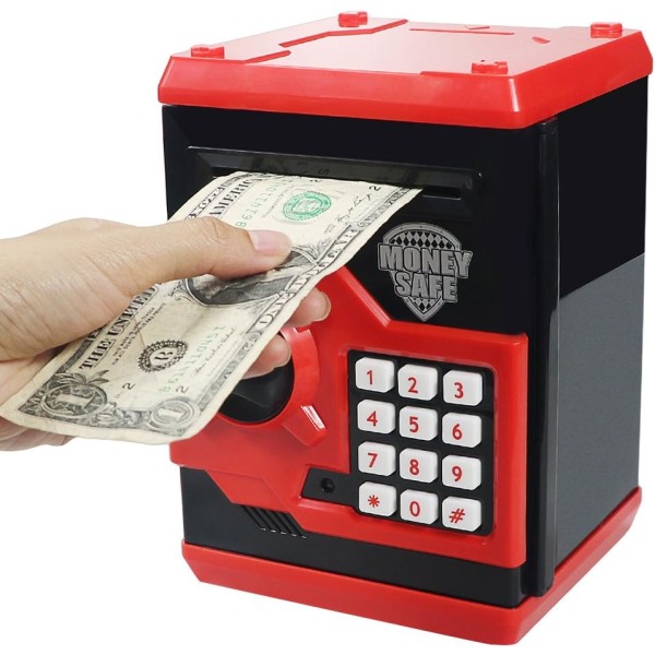 Elektronisk spargris med automatisk rullning av pengar, kassaskåp för minibankomat, leksak för att spara pengar för barn, födelsedagsjulklapp för pojkar och flickor (röd)