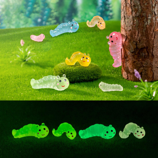 6 stk. Lysende Mini Caterpillar-figurer i Resin, Mikrolandskap, Bil Dashbord Caterpillar Miniatyr Ornament DIY Fe Hagemiljø Dekor Tianyuhe S