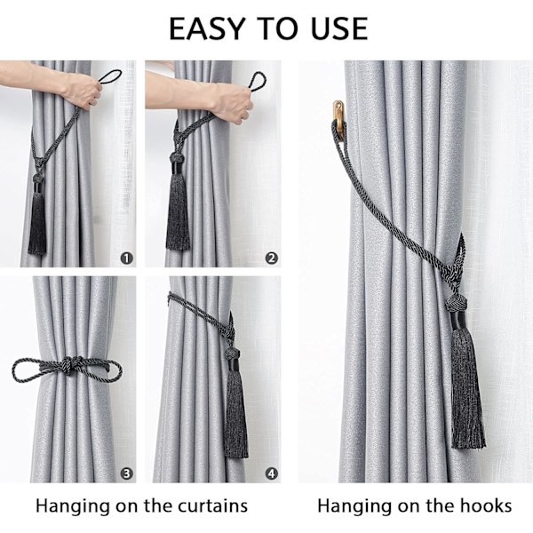 2 PacCurtain Tiebacks Handgjorda Flätade Repknut Draperi Tie Backs Dekorativa Gardin Hållare för Hem & Kontor Fönster Draperier (Svart)