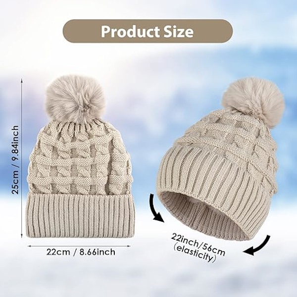 Naisten pompom-hattu, talvinen pipohattu, lämpövuorellinen fleece-hattu, naisten neulotut villahatut tekoturkispompomilla Beige
