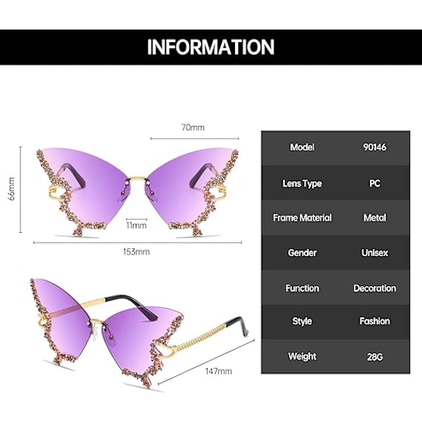 Dame Rimless Solbriller Sommerfugl Vintage-Retro Funky Farvede Diamant Rhinestone Briller Festival Rave 70'er Fest Solbriller UV Beskyttelse