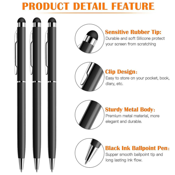 Stylus Pen, 10 Pack Universal kapasitiivinen 2 in 1 sisäänvedettävä kuulakärkikynä ja Styli kosketusnäyttökynä BLACK