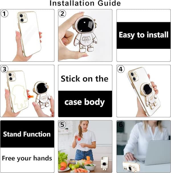 Compatible with iPhone 12 Case Cute 3D Astronaut Stand Design Camera P piano white