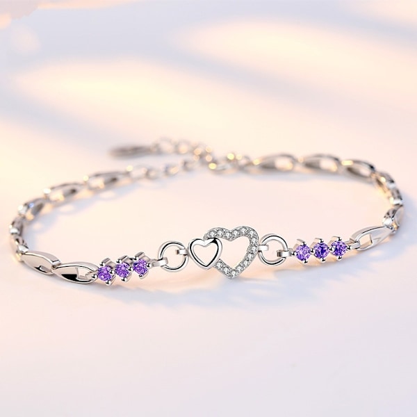 Lilla krystall zirkon armbånd og 925 sølv hjerte charm smykker til kvinner Charm armbånd gave Blanco