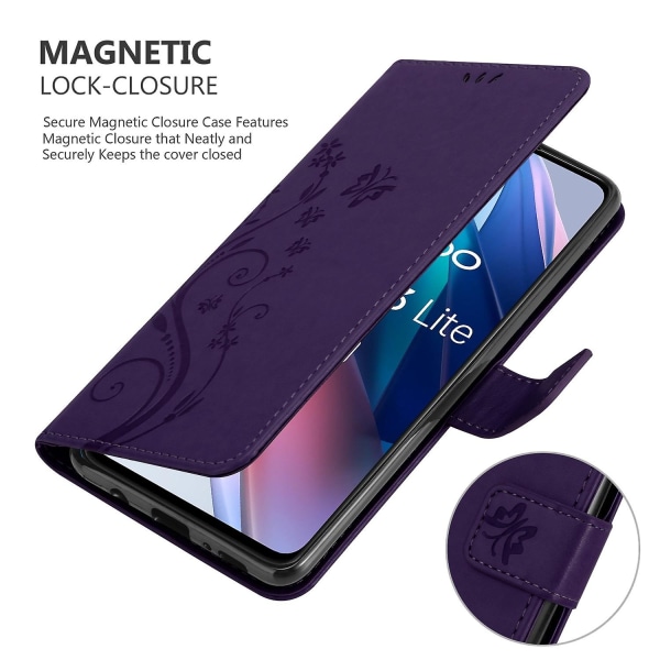 Oppo FIND X3 LITE Mobiltelefon Etui Cover Case - med blomstermønster og standfunktion og kortholder FLORAL DARK LILA FIND X3 LITE