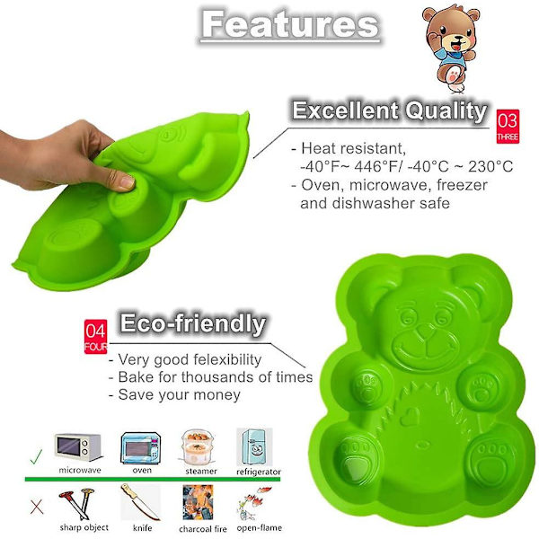 3d Suuri Tey Karhun Muotoinen Paistoalusta | Uusi Silikonikakkuvuoka Lapsille | Tarttumaton Fondant Suklaamassa Muottipelti, Bpa-Vapaa, 21 X 17 X