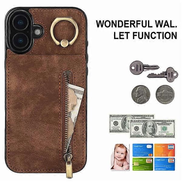 Kompatibel med iPhone 16 Plus-deksel RFID-ringstativ Retro skinn+TPU Anti-fall telefondeksel Brown