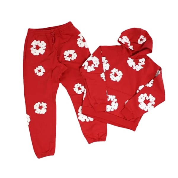 Y2K 2-delt treningssett for menn og kvinner Hip Hop Grafisk langærmet hettegenser og bukser Hettesett set-red XXL