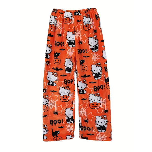 Cartoon KT katt pyjamas tjocka damer höst och vinter plus sammet varm fritids hem graffiti flanell byxor orange M