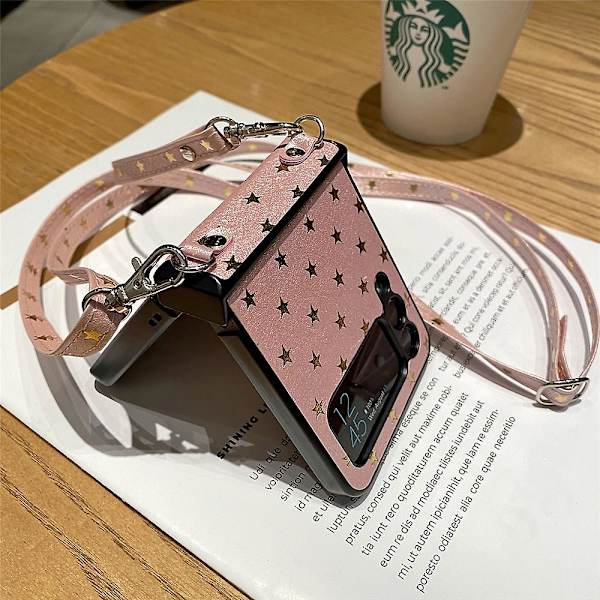 Samsung Galaxy Z Flip 4 -kotelo naisille, jossa hihna, glittertähdet, crossbody-suojakotelo, sininen Pink