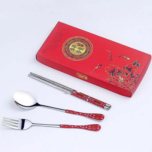 3 stk servise i rustfritt stål spisepinner skje gaffel gaveeske Bærbar reise Red