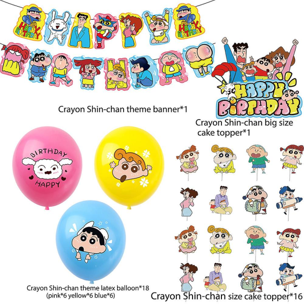 Fargestift Shin-chan-tema bursdagsfestutstyr inkludert bannerballongsett Kake Cupcake Toppers dekorasjonssett