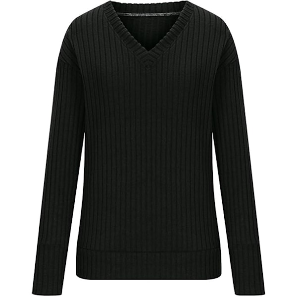 Kvinders Casual V-hals Langærmet Strikket Trøje Klassisk Ensfarvet Strækbar Vinter Varmt Pullover Jumper Toppe Black M