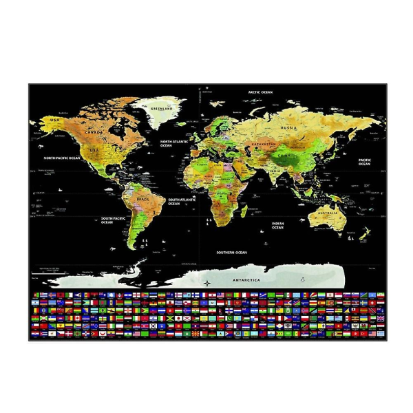 Rids World Travel Map Sort baggrund og kobberfoliecover med nationalflag - L/med Cyli