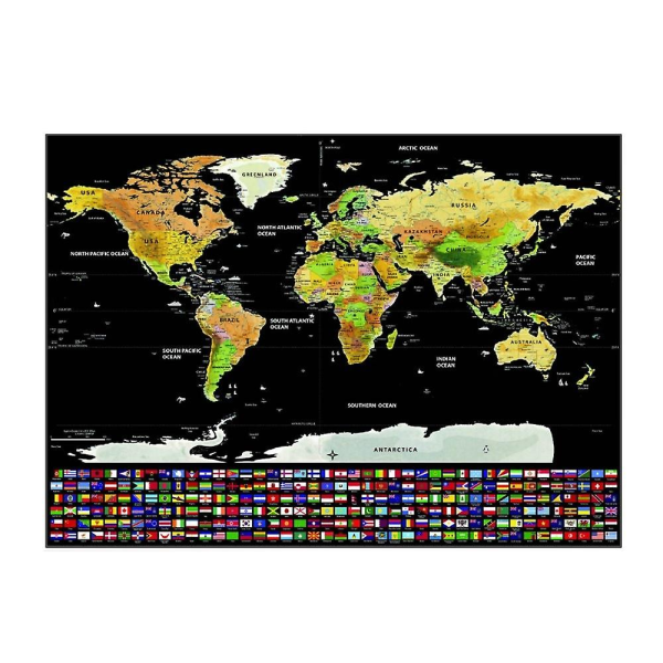 Skrapa av världsresekartan svart bakgrund och cover med nationalflagga - L/med Cyli