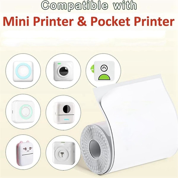 6 ruller mini lommeprinter klistermærkepapir, 30 x 57 mm selvklæbende termisk papir til lommeprinter, White