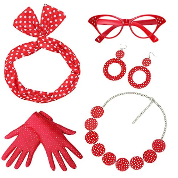 Vintagekostymesett for kvinner fra 1950-tallet 50-talls retro festtilbehørsett - kattebriller, bandana-bånd, øredobber, halskjede, hansker Red