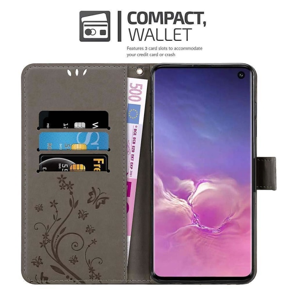 Samsung Galaxy S10 4G Mobiltelefon Cover Etui - med blomstermønster og standfunktion og kortholder FLORAL GREY Galaxy S10 4G