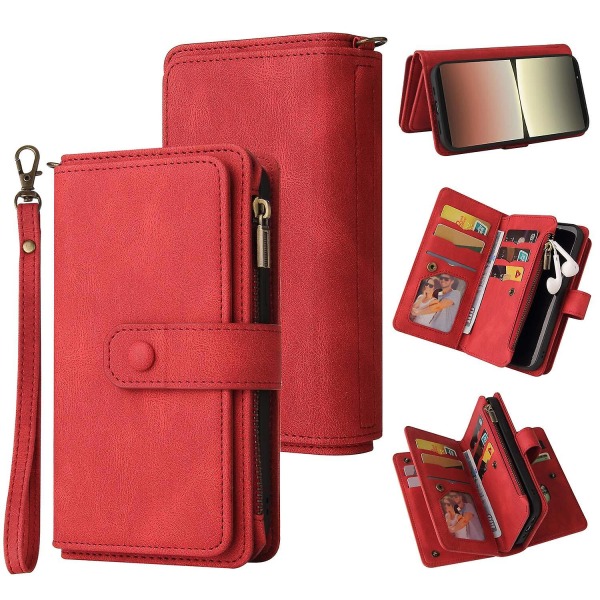 Sony Xperia 5 IV 5G säädettävälle jalustalle lompakkoon läpäistävä case , jossa on useita korttipaikkoja vetoketjutasku Red