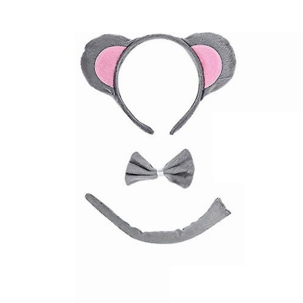 Baby Kids Cartoon Mouse -päänauha rusetti ja häntä pukujuhliin (3 kpl set , harmaa)