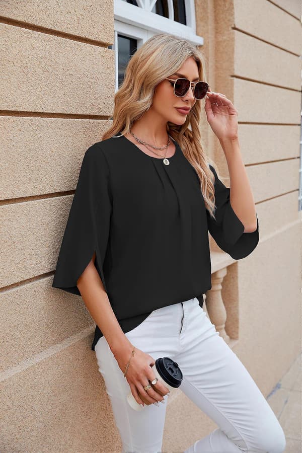 Damebluse, elegant V-hals, 3/4 ærmer, afslappede bluser, tunika toppe