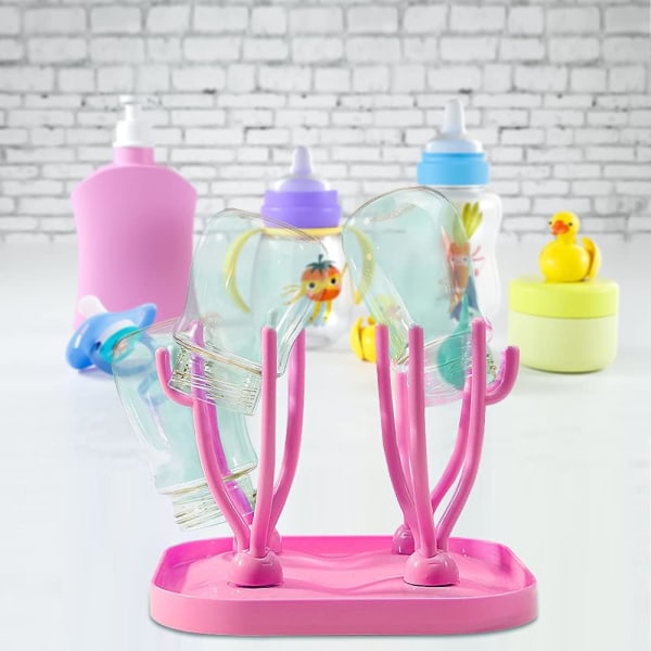 Babyflaskeholder, Babyflasketørrestativ, Træ Babyflaskeholder, Træflaskeholder, til Babyflasker, Rent og Hygiejnisk (Pink)