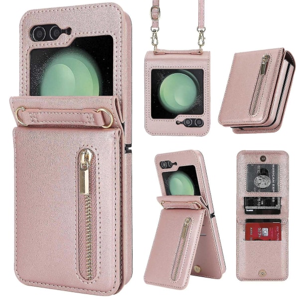 Z Flip 5 Case, Crossbody Dragkedja Case För Samsung Galaxy Z Flip 5 Med Korthållare Rose Gold