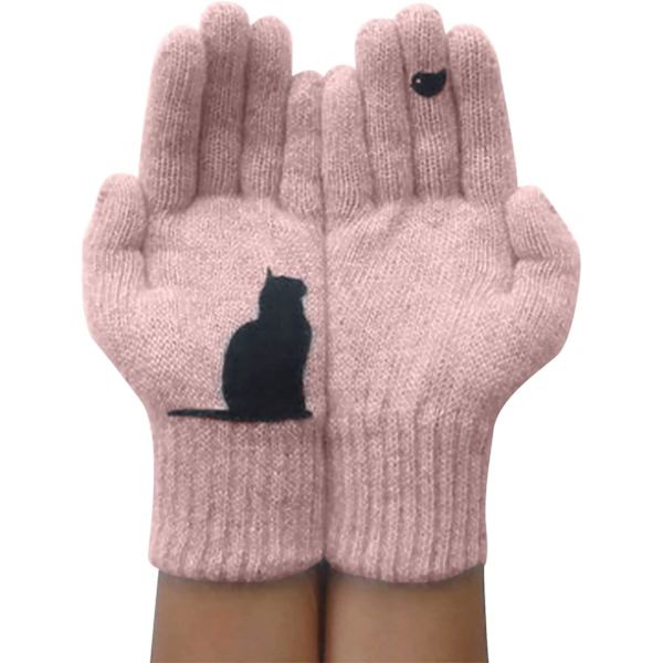Varma stickade handskar för kvinnor, katter som ser fåglar sy tryck helfingrar vinter utomhus termiska vantar handskar Pink