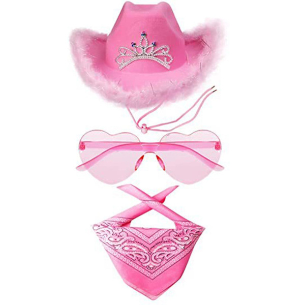 Cowboyhatter Western Cowgirlhatt Bandanabriller Unisex cowboyhatt Bursdagskostyme Cosplaykjole Festtilbehør Pink hat*glasses*square towel
