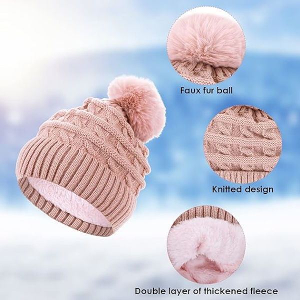 Naisten pompom-hattu, talvinen pipohattu, lämpövuorellinen fleece-hattu, naisten neulotut villahatut tekoturkispompomilla Pink