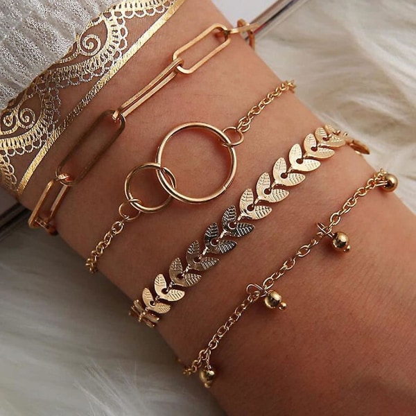 Set av 4 guldpärlor armband med cirkel och blad justerbar kedja för kvinnor