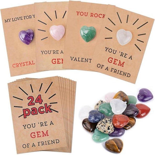 Ystävänpäivälahjat lapsille tytöille pojille, 24 pakkaus ystävänpäiväkortteja sydämenmuotoisella kristallikivellä, ystävänpäivän vaihtokorttilahja koululuokan lahjoihin