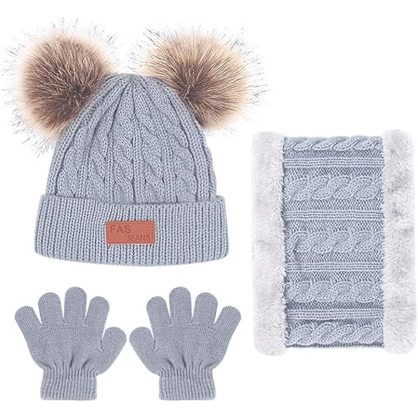 Barne Vinterlue Hette Skjerf Hansker Sett 3 i 1, 3Pcs Strikket Varm Småbarn Vinterlue Hansker Halsvarmer for Gutter Jenter 1-6 År, Vintertilbehør Sett