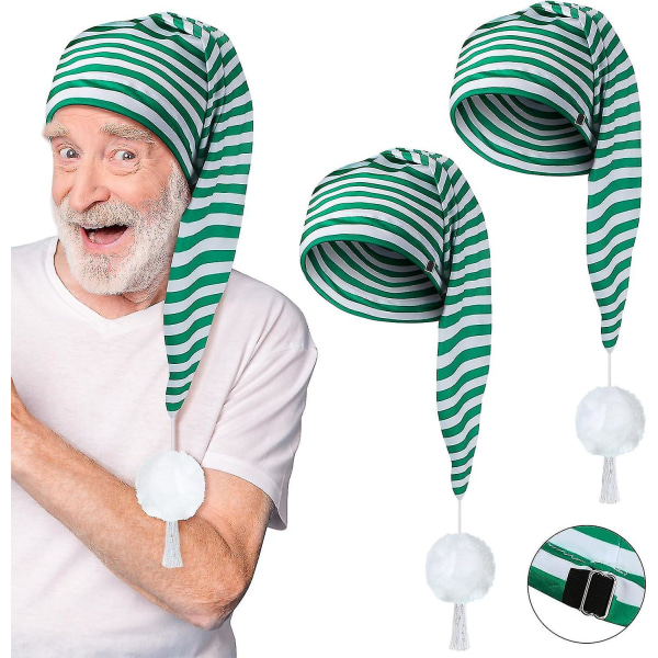 2 st Mäns Nattmössa Randig Pyjamas Mössa Justerbar Sovmössa Med Pom Pom Boll För Festtillbehör Grön Och Vit Green and White