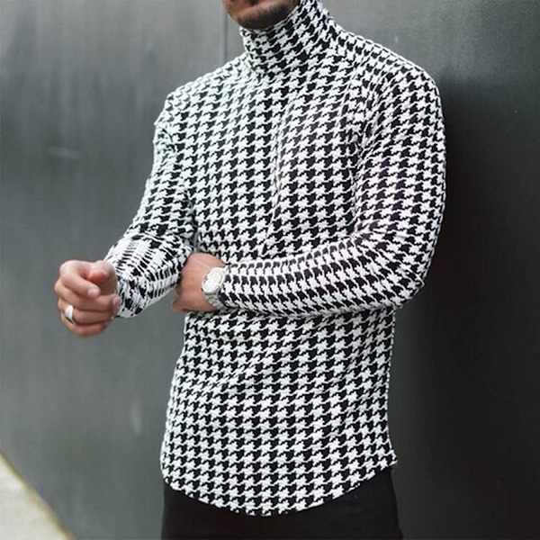 Herr långärmad basdesign turtleneck rutig toppar slim fit hundtand tryckt termisk pullover tröjor stora och höga L