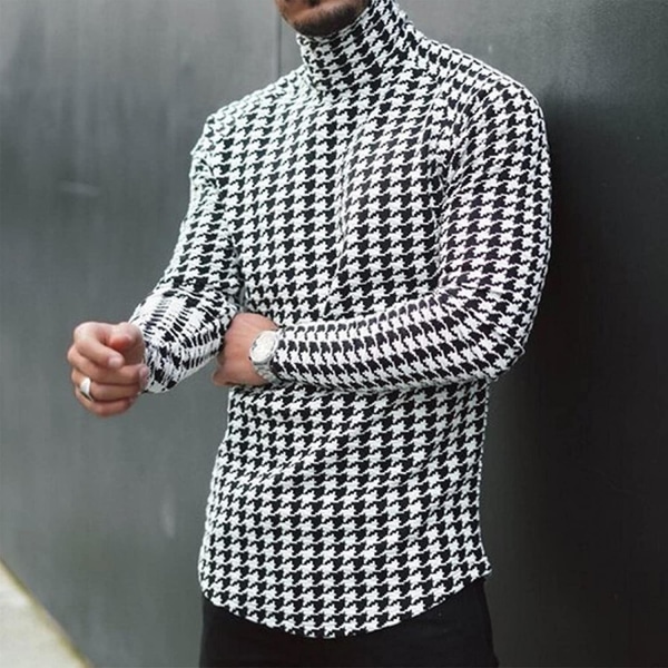 Langærmede mænds basic design rullekrave plaid toppe Slim Fit Houndstooth trykte termiske trøjer store og høje M