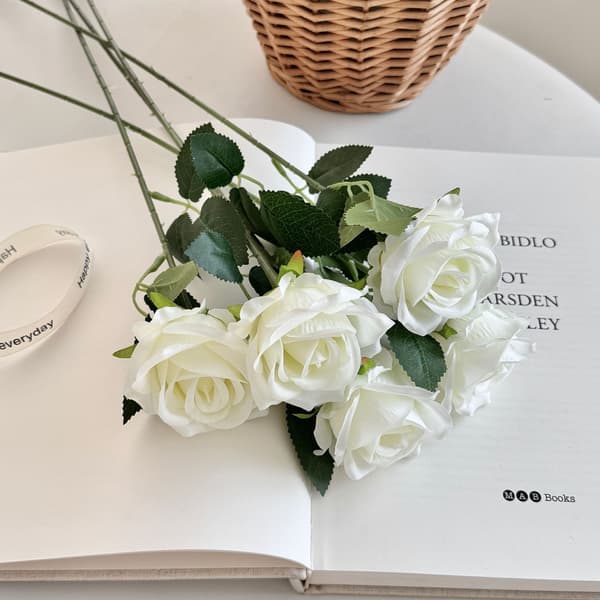 5 Artificial Roses, Valentine's Day, Home and Wedding Decorations, Artificial Flowers - White White