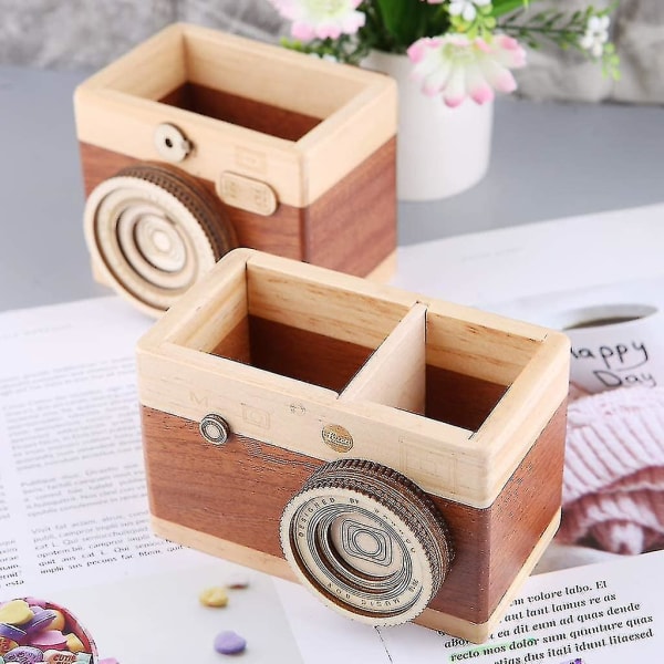 Creative Camera Pattern Pencil Case Wooden Desk Small Items Storage Box For Multipurpose Use