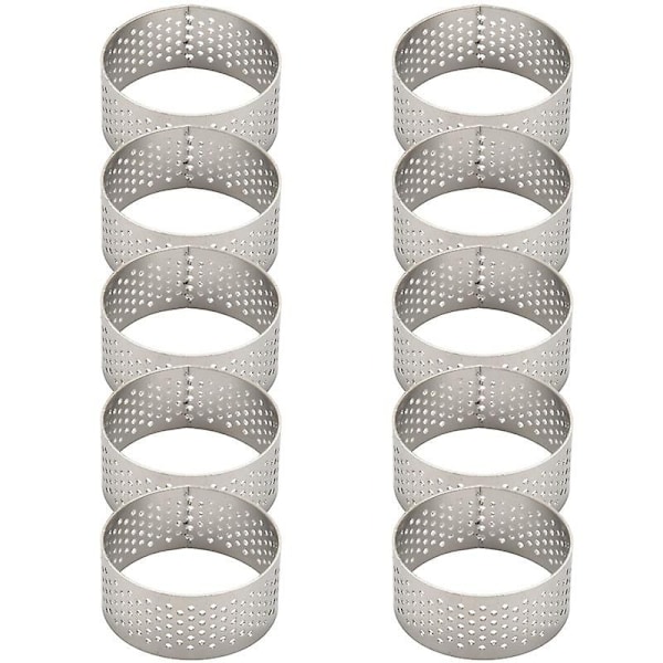 10 kpl 4,5 cm pyöreitä ruostumattomasta teräksestä valmistettuja rei'itettyjä saumattomia tarttirenkaita quiche-renkaita tarttipeltiä piirakka tarttirenkaita H:lla silver