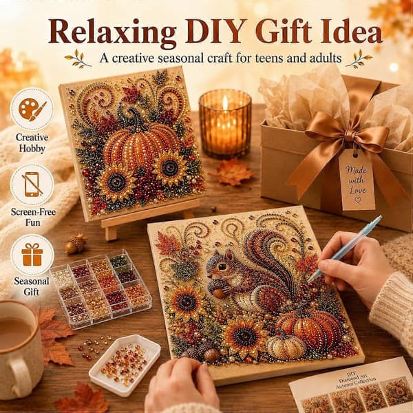 12 tommer efterårsperle diamantmaleri sæt perleperle DIY sæt til voksne | 3D DIY efterårshøst græskar perle diamant kunst sæt til begyndere, Thanksgiving Squirrel