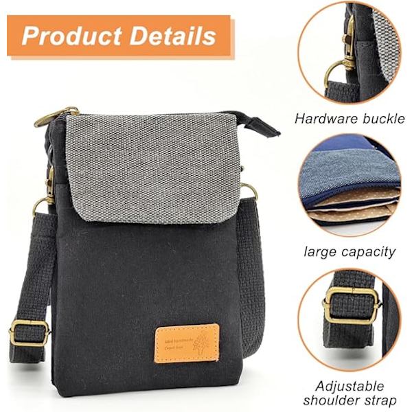 Ristiin kiinnitettävä laukku, puhelinlaukut naisille crossbody, pieni crossbody-laukku säädettävällä olkahihnalla, vetoketjullinen puhelinlaukku, kevyt (musta)