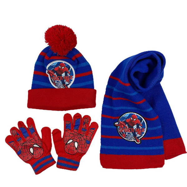 3 st/set Barn Spiderman Mössa Halsduk Stretchiga Handskar Vinter Varma Set Gåvor Blue