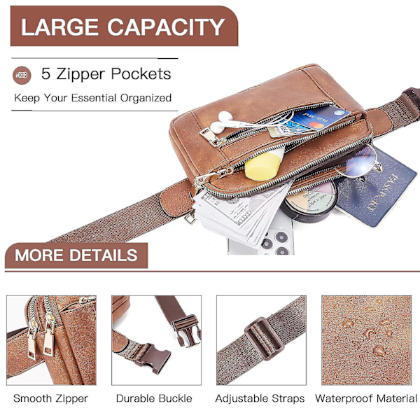 Fanny Packs For Women Cross Body Bag Leather Belt Bag Fashionable Waist Bag With Adjustable Strap Beige Brown