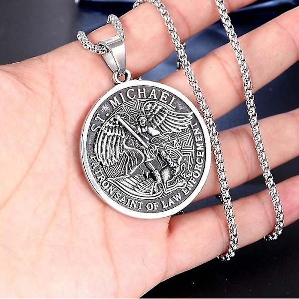Arkkienkeli Mikael Pyöreä Medaljonki Ripus, Myyttinen Amulett Miesten Kaulakoru Silver