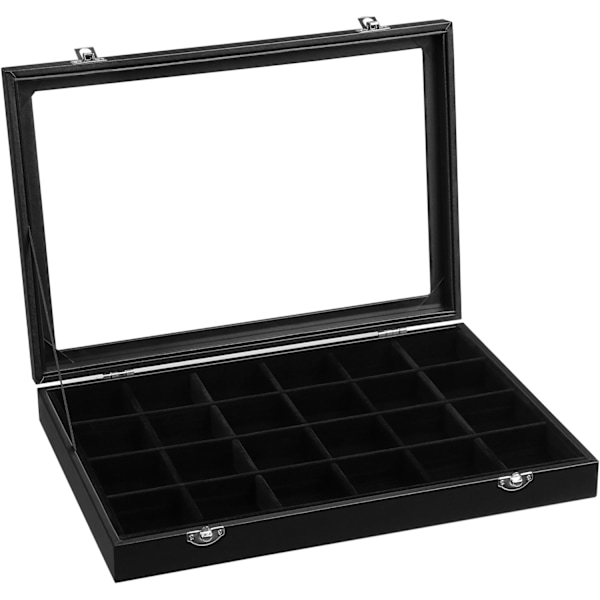 Smyckeskrin, 24 fack smyckeskrin, smyckesförvaringslåda med sammetskläder, glaslock och lås presentidéer svart 35*24*5cm