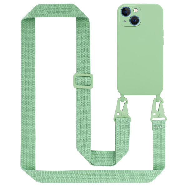 Käytännöllinen kaulakoru Apple iPhone 13 MINI -puhelimeen, jossa silikonisuojakotelo ja pituussäädettävä naru, kaulakoru LIQUID LIGHT GREEN iPhone 13 MINI
